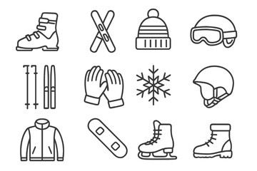 Winter Sports Outline Icon Set, Essential Outdoor Gear Symbols, Sleek Monochrome Vector Illustrations, Skiing, Snowboarding, Ice Skating Equipment, Cold Weather Clothing