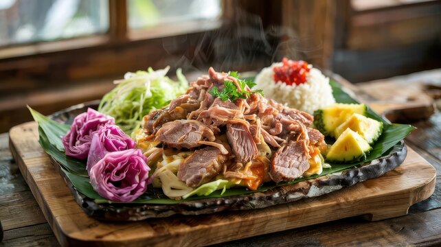 Hawaiian kalua pork traditional platter with tender shredded meat, purple cabbage roses, white rice, pineapple and tropical garnish on banana leaf stone plate
