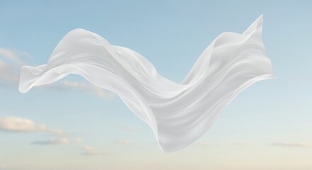 Floating Fabric: An ethereal cloth gracefully dances in the open air, against a clear blue sky, creating a sense of freedom, movement and delicate textures. 