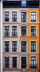 Multi-story building with alternating beige and orange facade, numerous dark windows