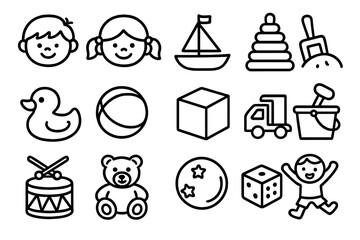 Kids and Toys Outline Icon Set, Playful Fun Symbols for Children’s Activities, Vector Cartoon Illustration with Transparent Background, Ordered Set 1, Child Play Icons