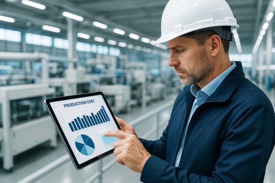 Engineer in hard hat analyzing production cost data on tablet in modern factory with blurred industrial background and bright light interior. Ai generative
