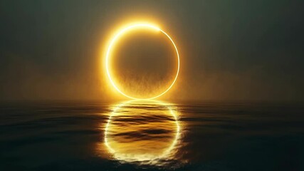 A glowing golden ring hovers over dark water with mist, creating a mysterious and ethereal atmosphere.