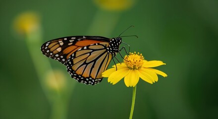 Fototapeta premium Monarch Butterfly on Yellow Flower: A majestic monarch butterfly, its wings adorned with intricate patterns, delicately rests on a vibrant yellow flower.