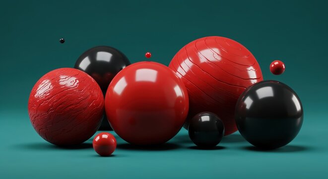 Spherical Harmony: A visually striking arrangement of red and black spheres of varying sizes float amidst a sea of teal, exploring concepts of balance, dimension, and visual weight. 