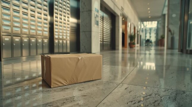 Cardboard box on the floor, abandoned, in a hallway with mailbox rows