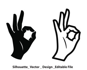 Obraz premium Vector hand gestures, okay and peace signs, black silhouette and white outline, for design or icon use, isolated on transparent background, eps