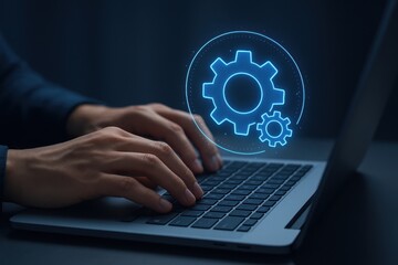 Digital Precision: A close-up shot of hands navigating a sleek laptop, overlaid with a glowing gear icon, embodying the core of technology and its intricate functions. 