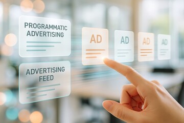 Digital Marketing Touch: An insightful image that captures the essence of digital marketing, with a person's finger interacting with holographic ad elements.