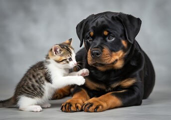 Obraz premium Cute Rottweiler puppy and tabby kitten playing together indoors with grey background