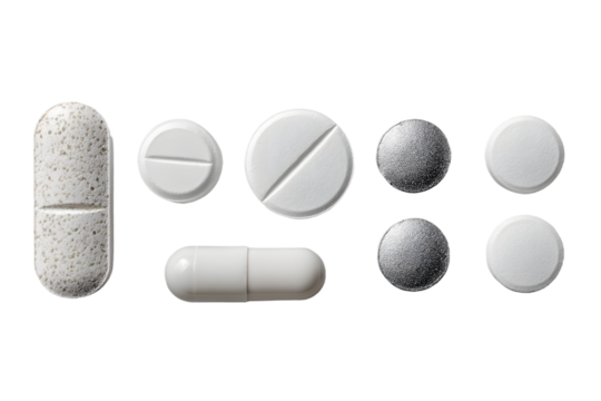 Collection of white round pills, group of drugs and ablets for treatment, isolted on transparent backgrond, medicine and healthcar concept, top view