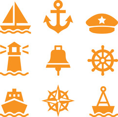 Nautical Icon Set Orange Maritime Vector for Sea Travel and Ocean Themes
