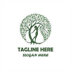 Creative Human Tree Logo with Green Leaves on White Background