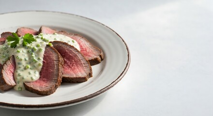 Gourmet Sliced Beef Tenderloin with Creamy Herb Sauce: Elegant Restaurant Dish on White Plate for Fine Dining and Culinary Concepts