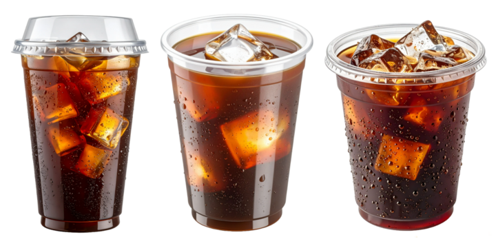 Set of disposable plastic of cool americano with ice cube and water drops isolated on transparent background. - Powered by Adobe