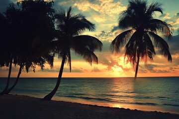 Silhouetted palms at tropical sunrise