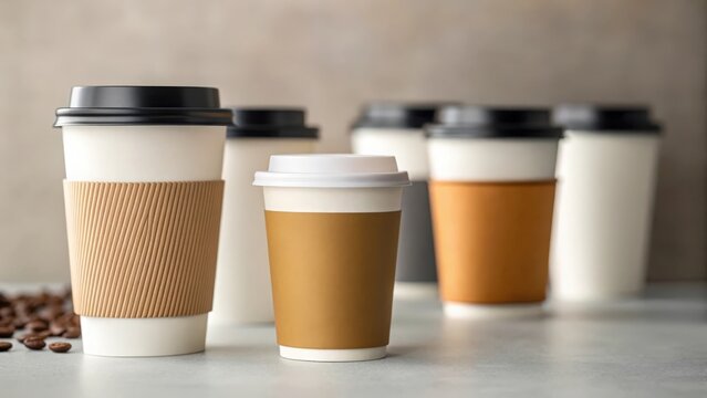 Coffee cup assortment on neutral background — capturing style, design, and beverage culture