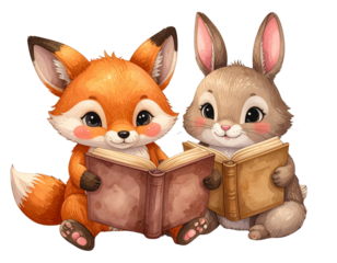 Cute Watercolor Fox and Rabbit Reading Storybook Together, isolated on transparent background PNG