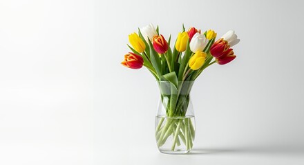 Vibrant Bouquet of Red, Yellow, and White Tulips in a Clear Glass Vase on a Clean White Background