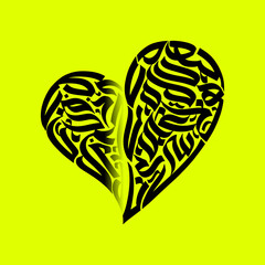 Heart shape filled with black calligraphy on a yellow background forming an artistic design