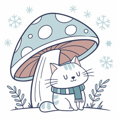 An adorable Cat with a Gentle vibe, under a mushroom, and a Frosty Winter Cozy winter theme – SVG style