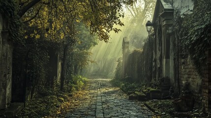 Sunlit path through a misty, overgrown alleyway