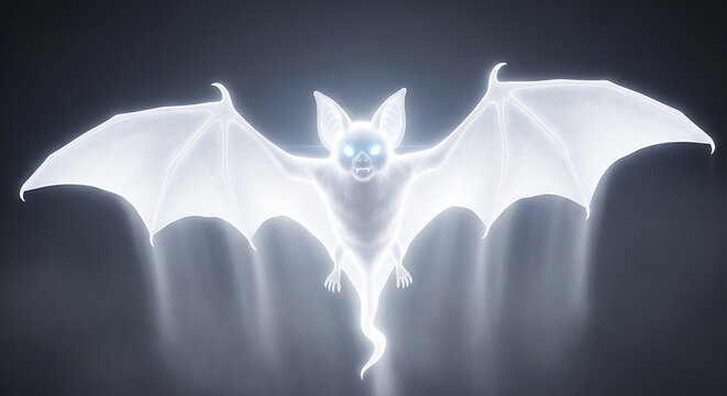 Ethereal glowing white bat with luminous blue eyes and outstretched wings, radiating an otherworldly aura - Powered by Adobe