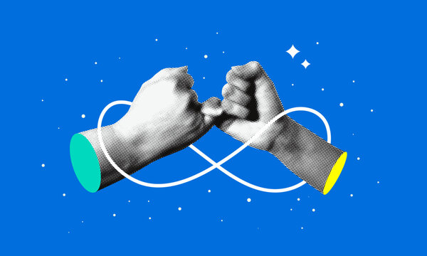 Pinky promise or pinky swear. Two halftone hands clasped with little fingers and tied with infinity sign. Sign of reconciliation and friendship, peace. Modern collage. Expression of support, trust