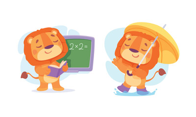 Adorable and Cute Cartoon Lions Engaging in Learning Activities and Having Fun Playing