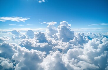 Vast, white clouds fill a vibrant blue sky, seen from high above
