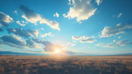 Vast, sun-drenched grassland panorama under a vibrant sky