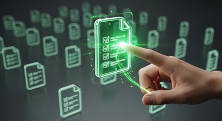 Human hand touching glowing digital document with checklist for efficient data management