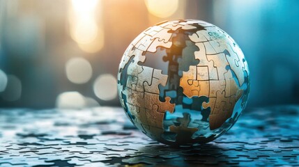 Puzzle-shaped globe with missing pieces and funding symbols, concept of development aid and global investment, stylized minimal art