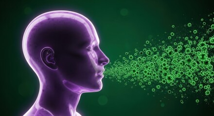 Obraz premium Stylized glowing purple human head in profile exhaling dense stream of green virus particles