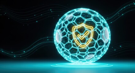 Futuristic digital security shield within a glowing hexagonal sphere