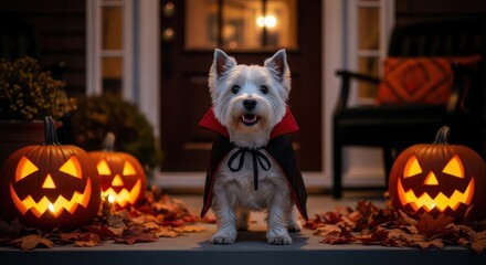 Cute west highland white terrier dog dressed as a vampire on a halloween porch with glowing jack o lanterns