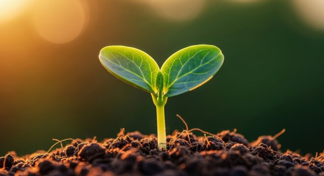 Vibrant emerald green seedling with two cotyledon leaves growing in fertile soil at sunrise - Powered by Adobe
