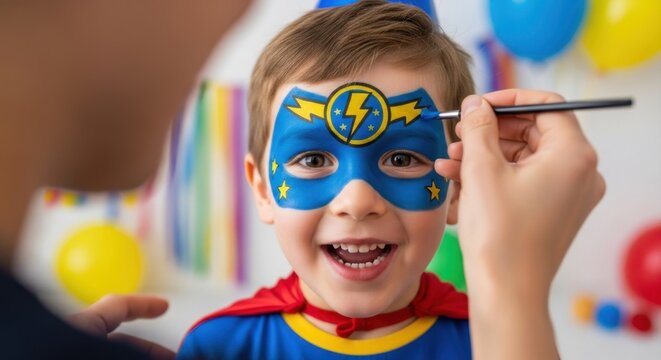 Happy young boy getting superhero face paint at a lively birthday party celebration