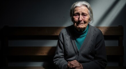 Obraz premium Close up portrait of an elderly woman with silver hair, her face showing a grimace of deep sorrow