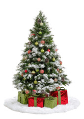 PNG Green christmas tree with snow on branch decorated beautifully branches gifts white.