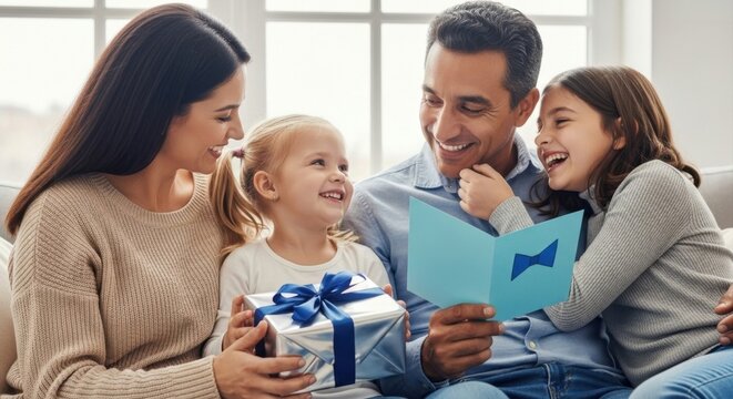 Joyful family of four, father, mother, and two daughters, celebrating with a gift and a card