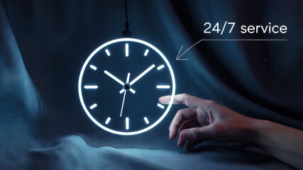 Modern 24/7 service concept with illuminated clock and hand, symbolizing round-the-clock availability and support, perfect for business solutions