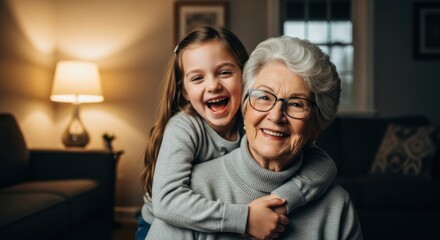 Obraz premium Smiling grandmother and laughing granddaughter sharing a warm embrace in a cozy home