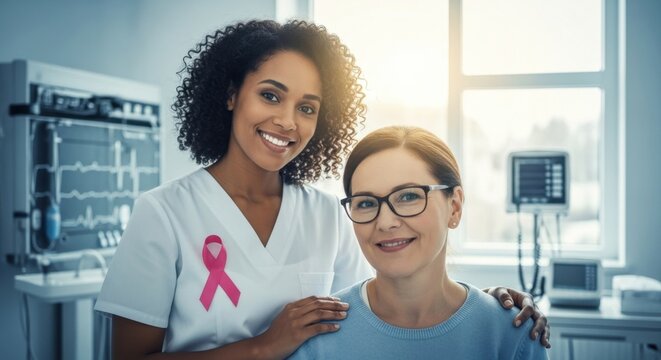 Caring female nurse with pink ribbon supports smiling patient in breast cancer awareness campaign