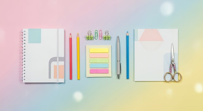 Colorful school and office stationery supplies on a pastel gradient background, flat lay top view