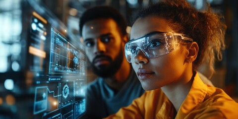 Two professionals analyzing futuristic digital interface with transparent displays.