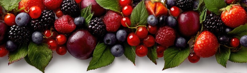 Colorful assortment of fresh berries and plums, with vibrant red, purple, and black tones, nestled amongst fresh green leaves