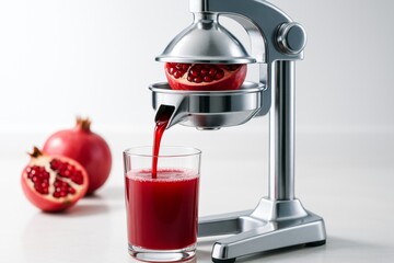 Stainless steel manual juicer pressing fresh pomegranate juice into a glass with whole and halved pomegranates on white background. Ai generative. Ai generative
