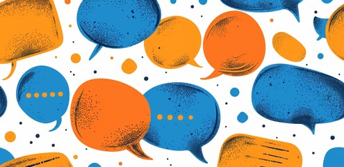Abstract pattern of textured orange and blue speech bubbles on white background