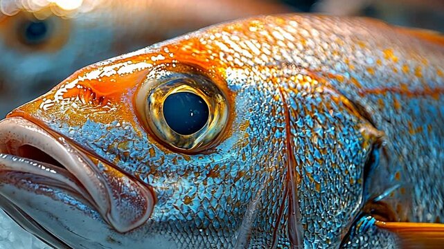 Close-up macro shot of a fresh red snapper fish on ice, ready for cooking.